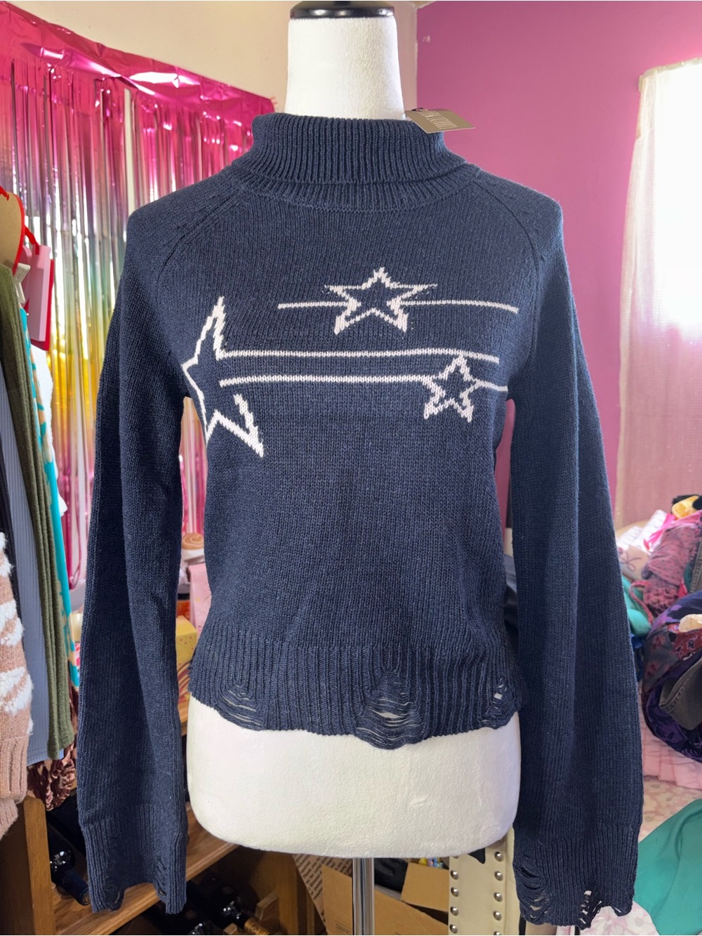Current Mood Navy Star-Graphic Turtleneck Sweater